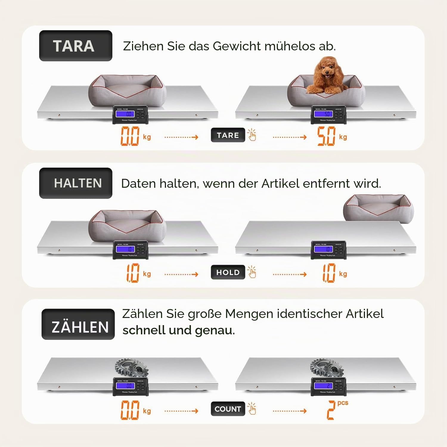 Bonvoisin 500kg Tierwaage für Veterinär & Nutztiere, Tara- & Hold-Funktion | Große Edelstahl-Plattform 103x53cm mit rutschfester Matte, Fern-Display & Dual-Stromversorgung für professionelles Tierwiegen