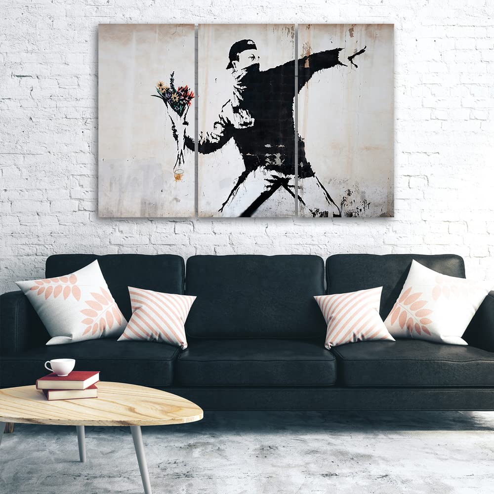 Feeby 3-teilig Vlies Leinwandbild 90x60 cm Straßenkunst Banksy Graffiti Wanddeko Design Kunstdruck Zimmerdeko Bilderwand Fototapete Blumen-Werfer Grau