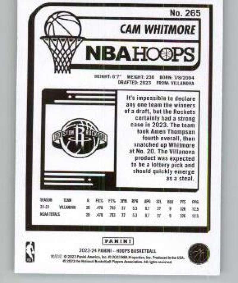 Miniatura 2 de 2023-24 Hoops Winter #265 Cam Whitmore RC Rookie Houston Rockets NBA Basketball Base Trading Card