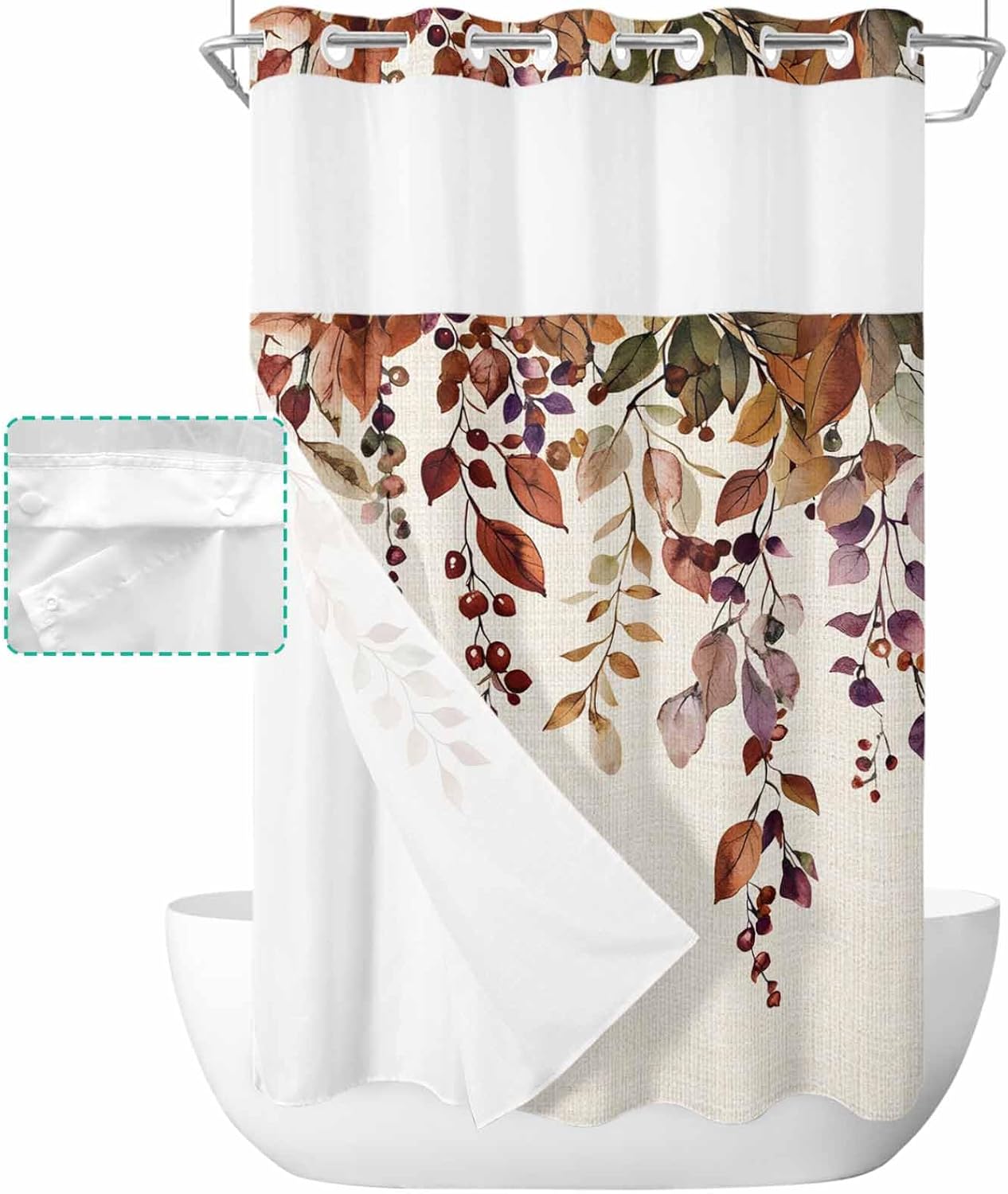 No Hook Shower Curtain with Snap in Liner, Autumn Pastoral Fall Leaves Waterproof Washable Bathroom Shower Curtains See Through Top Window, Botanical Berry Retro Linen Hotel Grade Bath Curtain