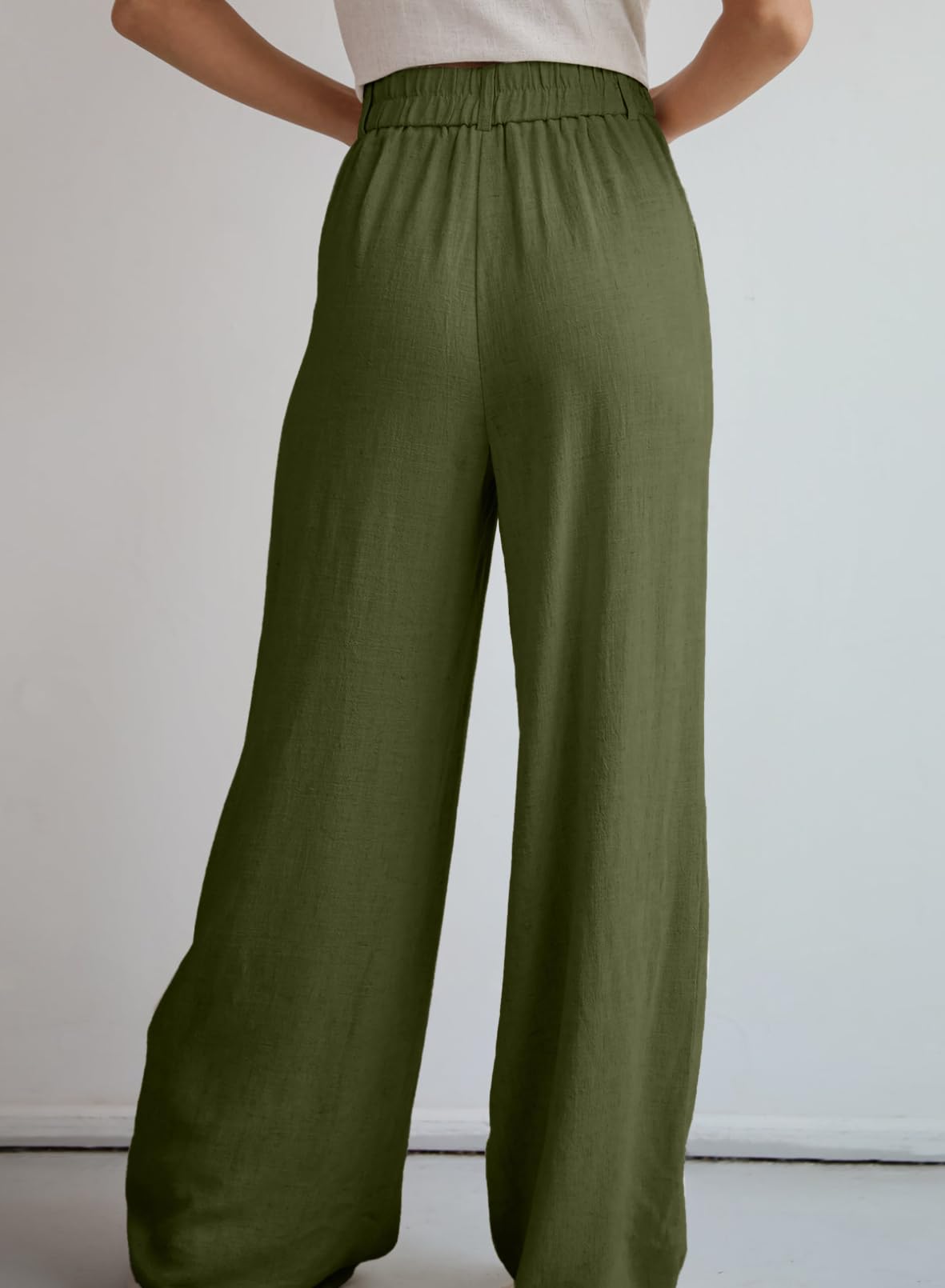 Dokotoo Womens Linen Pants Casual Loose Wide Leg Pants for Women Elastic Waist Palazzo Pants Trousers with Pockets: Small Green