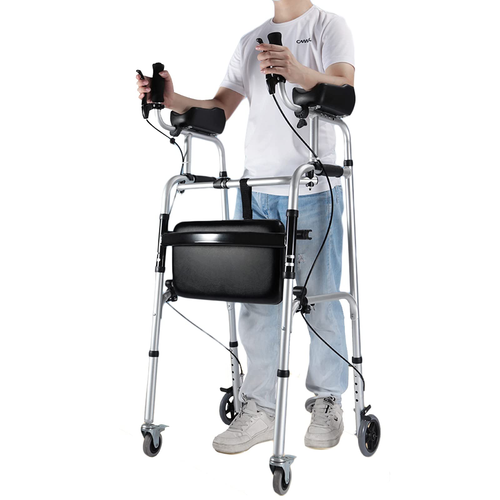 LXLA Gehhilfe für Senioren Senioren Aufrechter Walker Mit Handbremse&Armstütze,1-Knopf-Kompakt-Klapprollator,Leicht Verstellbare Höhe Mobilitätshilfe (Color : with seat)