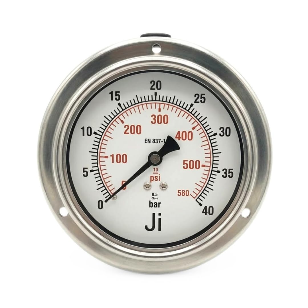 "JI" Japsin Instrumentation Economical Pressure Gauge, 4" (100 mm) Dial, Range 0 to 40 Bar with Dual Scale of 580 PSI, Panel Mounting Back Entry, 3/8" BSP (M) Connection, SS Body-image-8