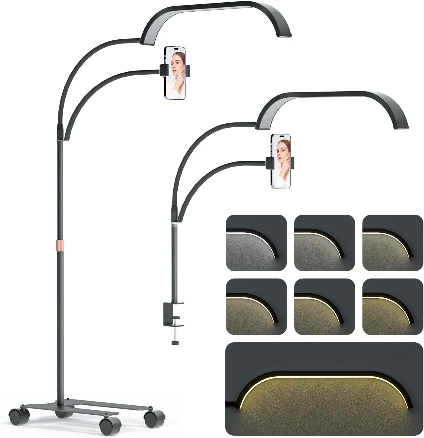 Lash Light for Eyelash Extensions, 2 in 1 Half Moon Lamp with Phone Holder & 50cm Swing Arm, 7 Colours & Stepless Dimming, Esthetician Light with Wheel Stand for Eyelash Extension