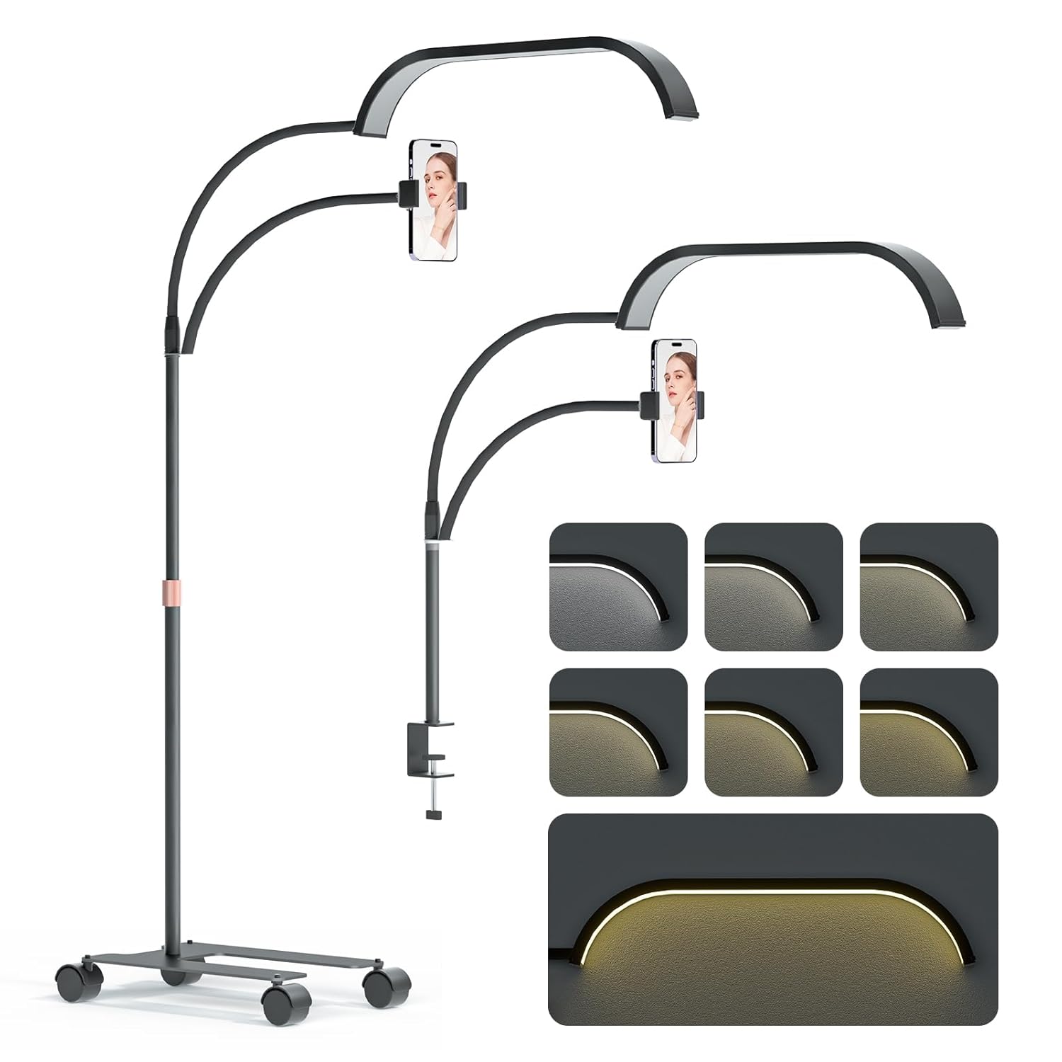 Half Moon Lash Light with Phone Holder & Swing Arm, 7 Colors & Stepless Dimming, Esthetician Light with Wheel Stand