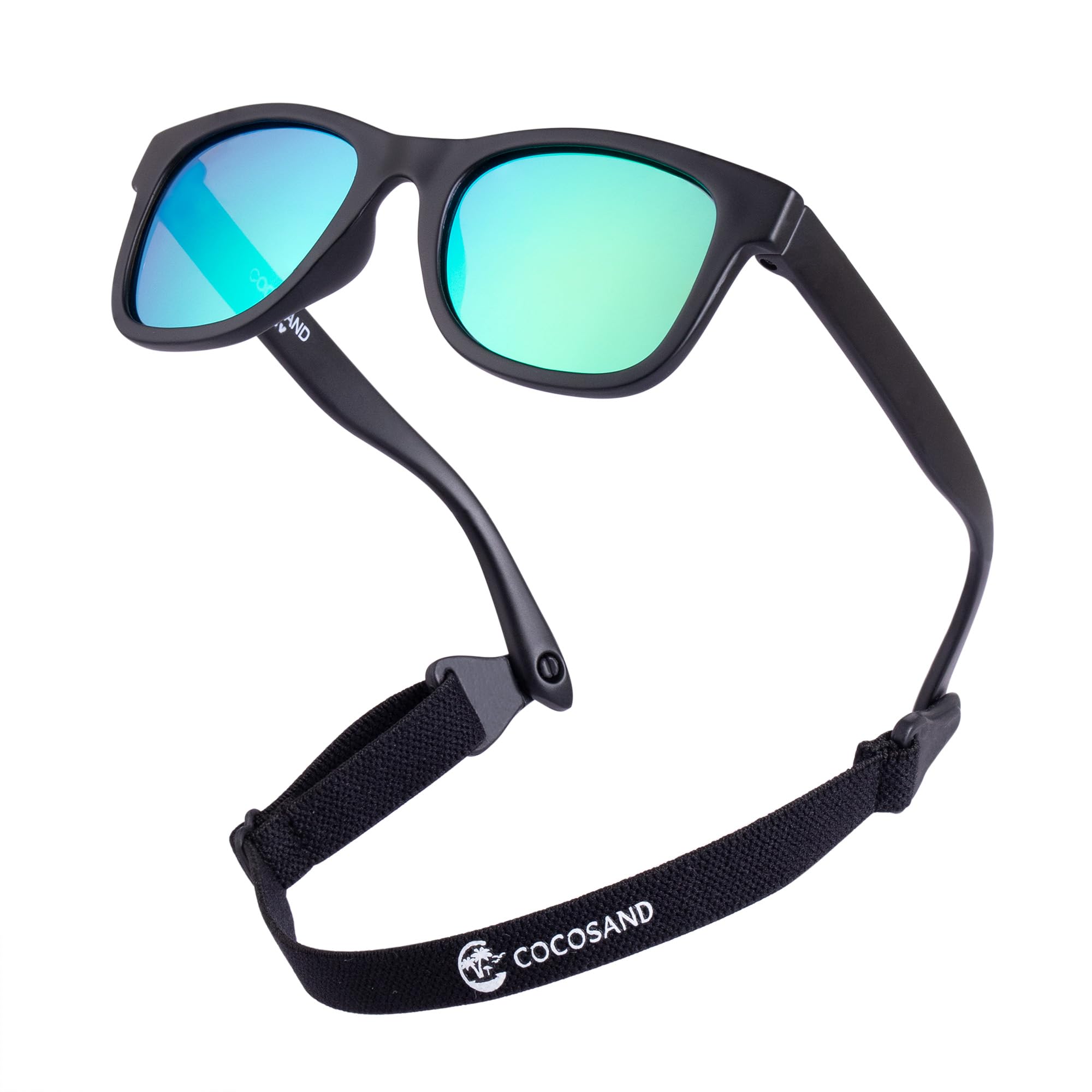 Flexible Polarized Baby Sunglasses with Strap | UV Protection, Bendable, For Toddler Infant Newborn Girl Boy, Age 0-24 Months TPE Matte Black With Green Lens