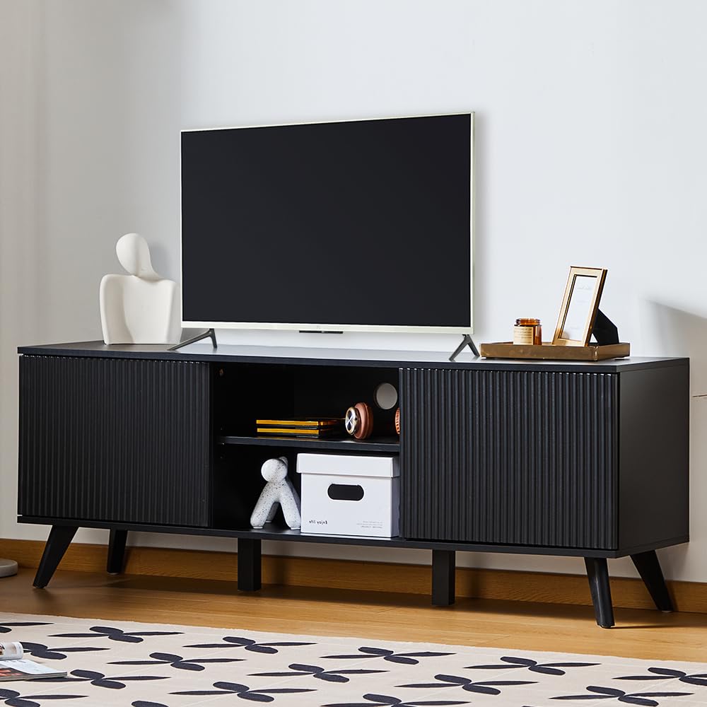 Supporto per TV da 148 cm, con cassetti laterali ondulati e ripiani regolabili, passacavi nascosti e superficie in legno liscia, mobili per l'intrattenimento per il soggiorno