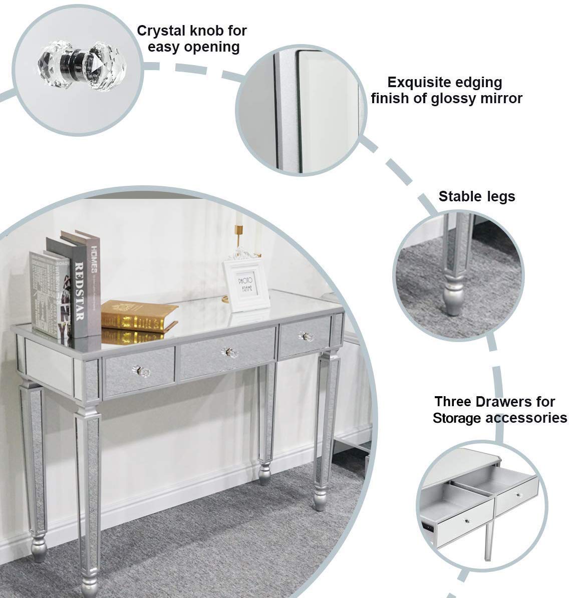 コンソールテーブル　デスク　ミラー　バニティ　ライティング　検　MTFY 鏡面　鏡　化粧台　メイクアップ Mirrored Vanity Desk / Dressing Table with Mirror / Mirror-Finish Console Table ビンテージ　vintage Amazon｜MTFY ミラーコンソールテーブル ミラーメイクアップバニティ