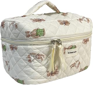 Cotton Makeup Bag Large Travel Cosmetic Bag Quilted Cosmetic Pouch Coquette Aesthetic Floral Toiletry Bag Small Cute Travel Cosmetic Bags for Women Girls Zipper Pouch Makeup Organizer (Bear Big)