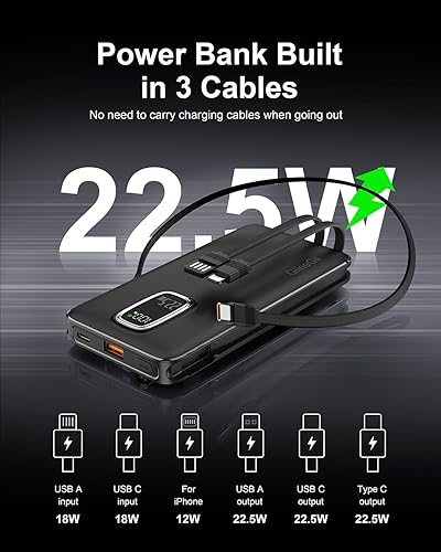 Miniatura 2 de Cargador portátil, 10000 mAh 22.5 W, cargador de batería de carga rápida con cable USB-C, USB-A e iOS, batería de reserva para iPhone 16, 15, 14,