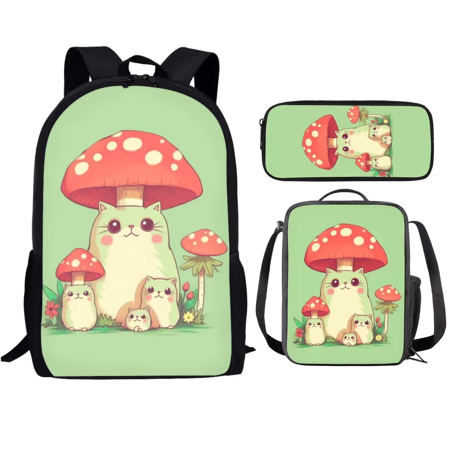 Showudesigns Cute Mushroom Frog Backpack and Lunch Box Set for Girls 6-8/8-10/10-12 Boys Bookbag Lunchbag Pencil Case Kids Backpacks for Elementary