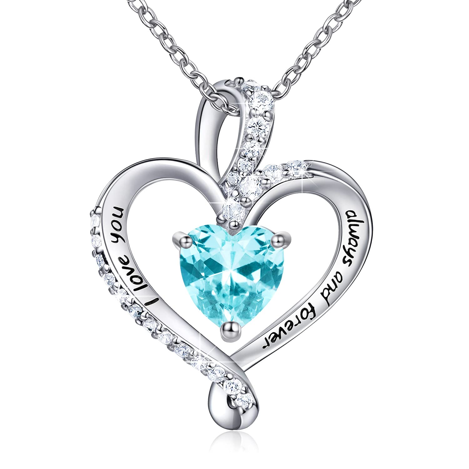 BlingGem Heart Necklaces for Women Sterling Silver Birthstone Necklaces Heart 5A CZ Pendant Jewelry Gifts for Women Gifts for Her Mom Wife I Love You
