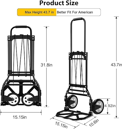 Miniatura 4 de LEVORY J Carro de mano plegable y carro, carrito de aluminio mejorado de capacidad de 200 libras, carrito portátil de mango extendido para viajes,