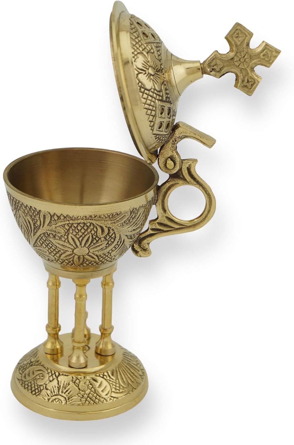 Orthodox Brass Incense Burner - Ornate Christian Censer with Cross for Home or Church Use, 6.3 inch