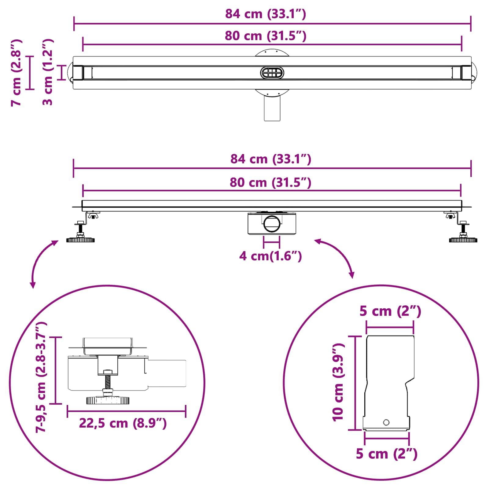 vidaXL 360° Odpływ prysznicowy z cienkim modelem srebrny 80 cm