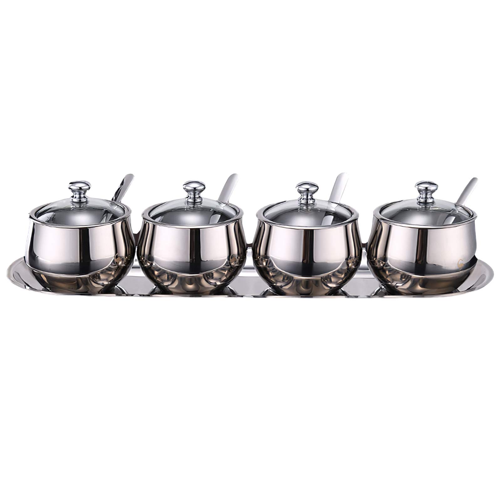 rismart Würze Krug Würzen Container mit Deckeln, Rostfreier Stahl Löffel, Serviertablett 300ml Zucker Schüssel Set Silber 4 Stück 41 x 9 cm