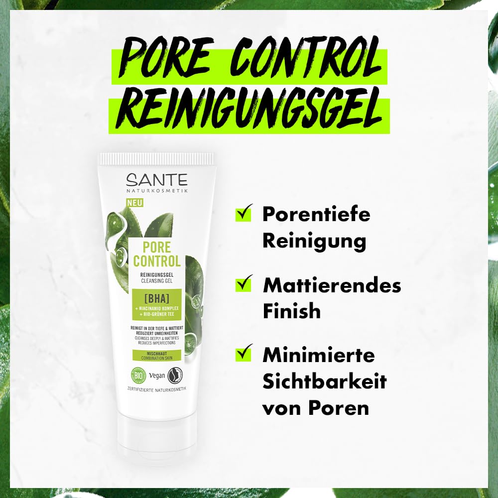 SANTE Naturkosmetik Żel oczyszczający Pore Control – 100 ml – z efektem BHA i niacynamidu – głębokie oczyszczanie porów ekologiczną zieloną herbatą – matujący i nawilżający – wegański i testowany