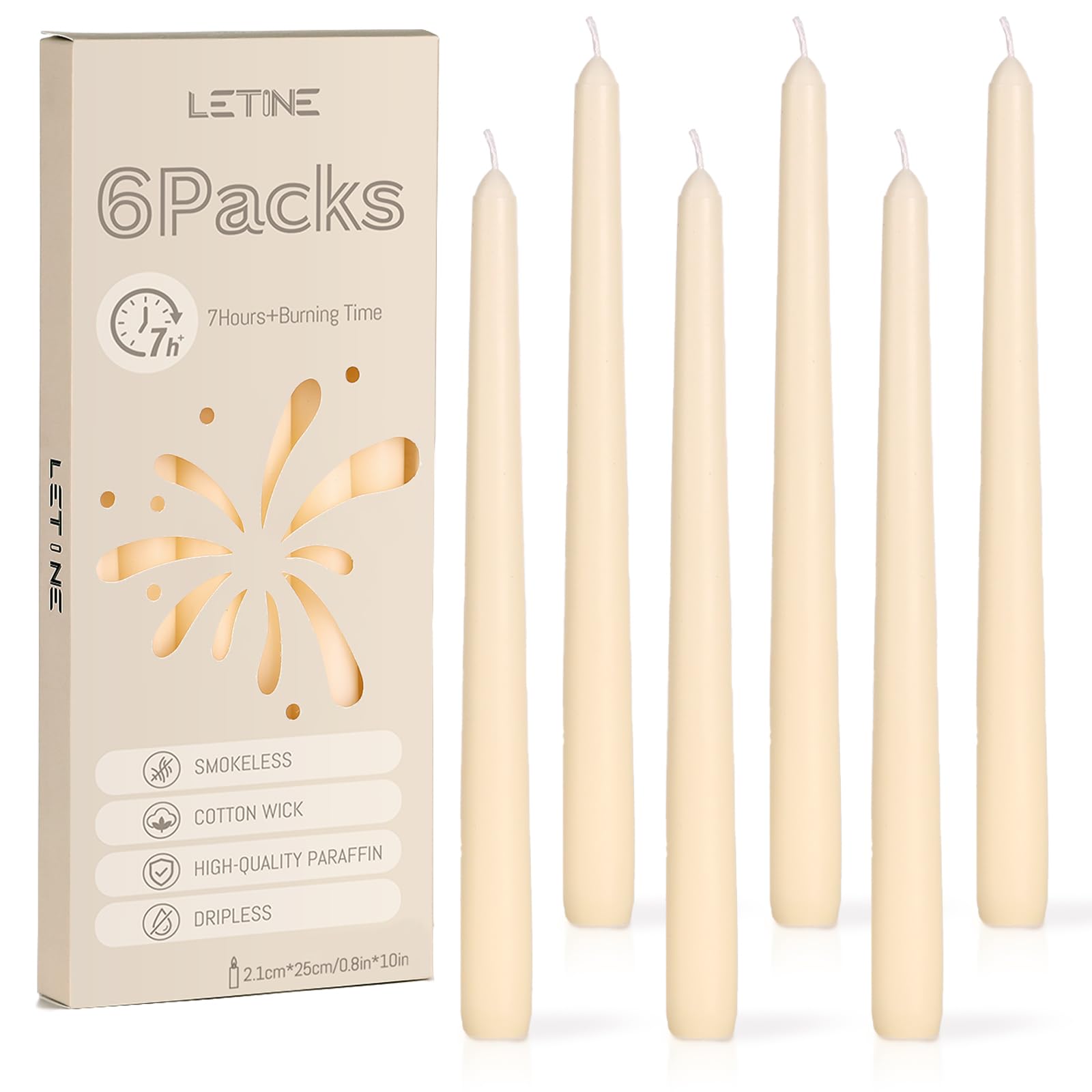 6 Pack Tapered Dinner Candles, 7-8 Hour Candlestick Long Burning (25cm)