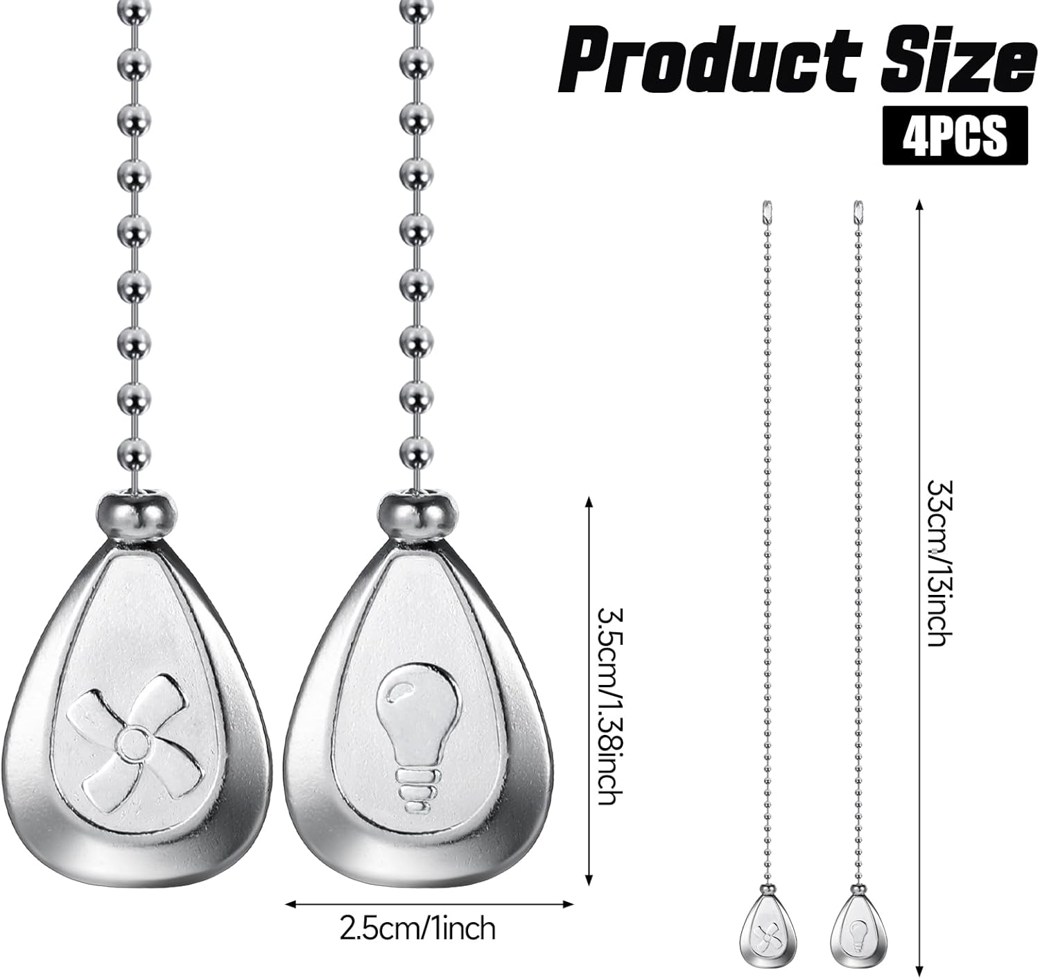 4 Pcs Ceiling Fan Pull Chain Extenders 13 Inch Fan Pull Chain Extension Classic Drop Shaped Pendant Beaded Ball Cord with Connector Decorative Pull Chains for Ceiling Fans and Lights (Silver)