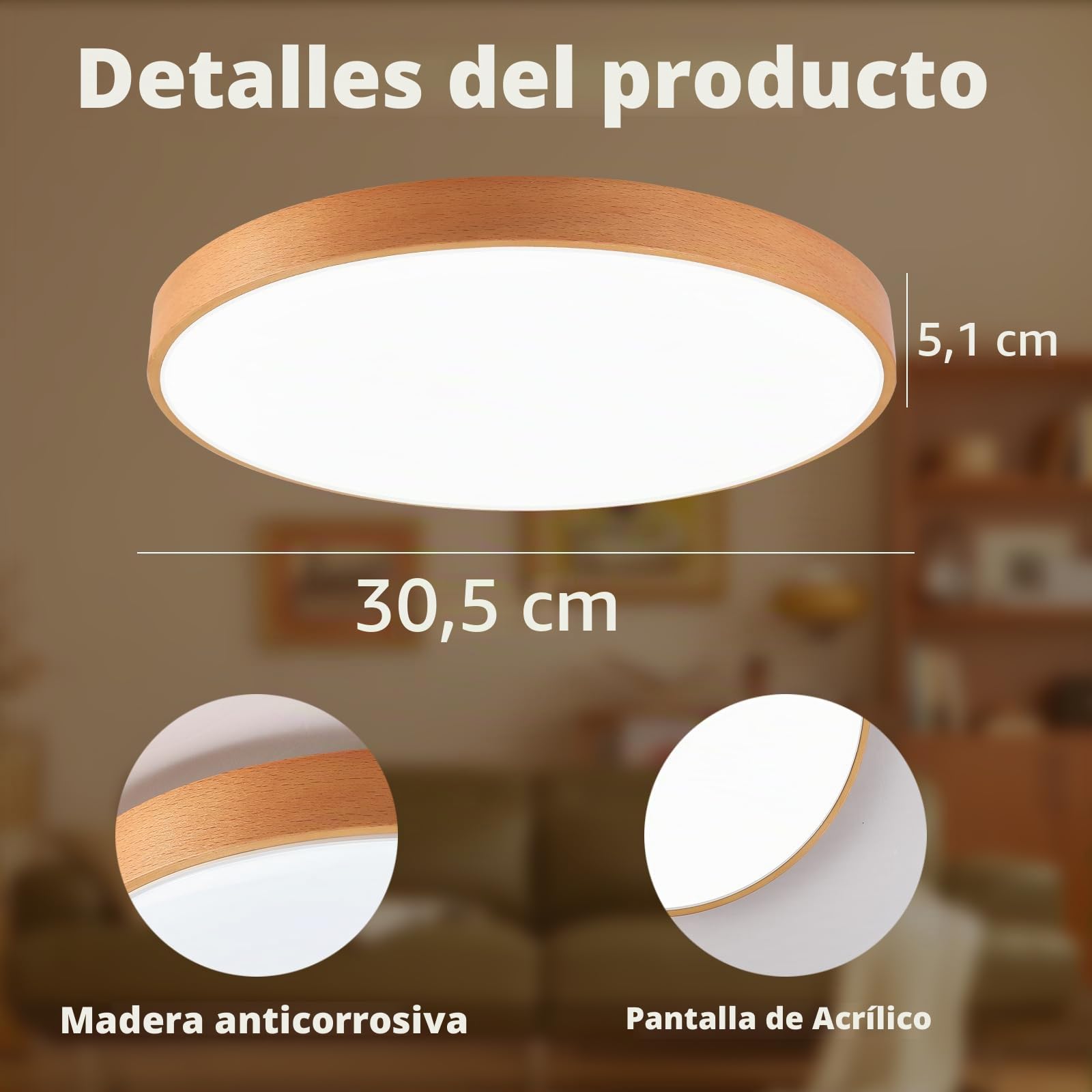 Plafón LED WIFI Inteligente Compatible con Alexa Google Home | 28W, 28CM, Material de Haya Natural, Color Ajustable, RGB, Mando a Distancia, para la Sala de Estar del Dormitorio