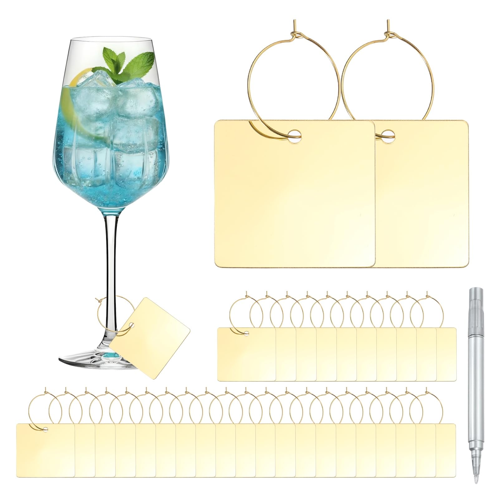 sourcing map 40 Pcs Wine Glass Charm with Ring Tags, Drink Glass Identifiers Acrylic Keychain Blanks with Gold Marker for Stem Glasses Wedding Party Birthday DIY Craft, Gold Square
