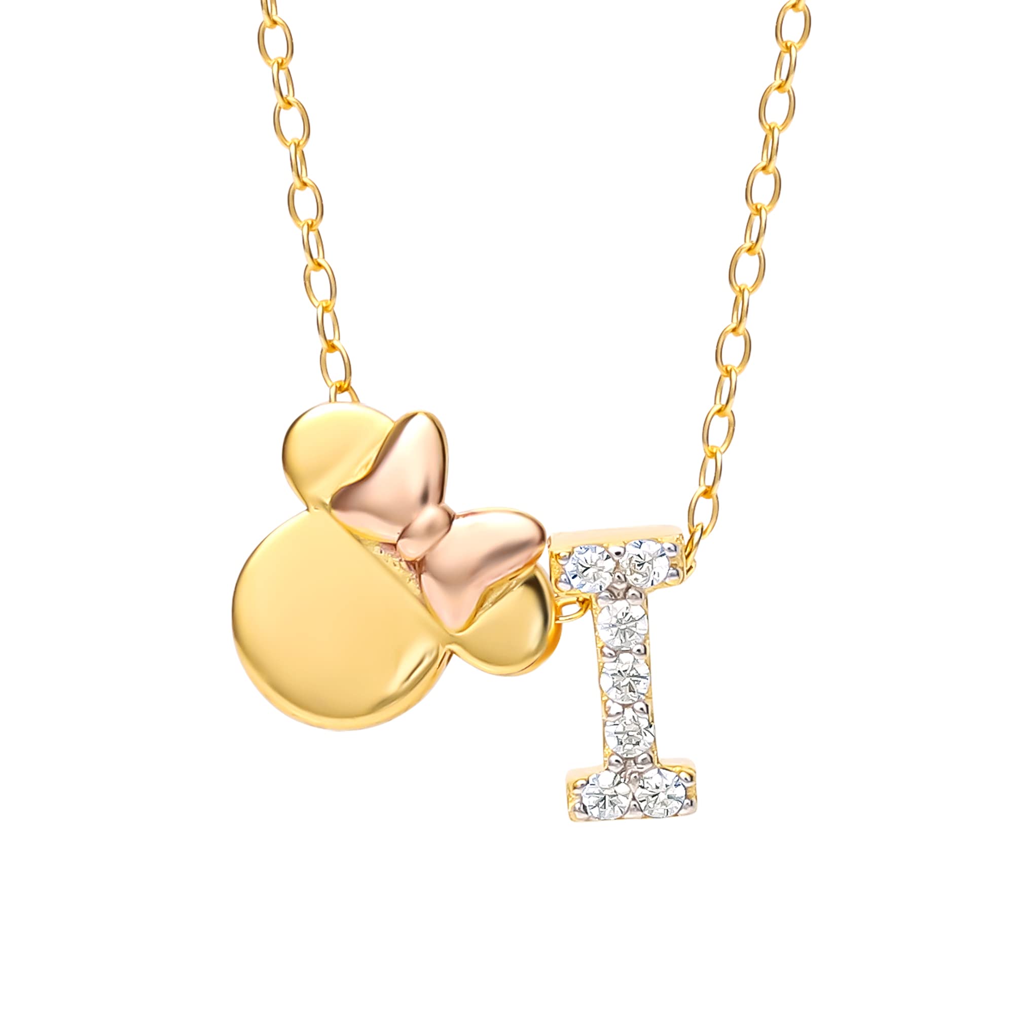 Disney Minnie Mouse Gold Plated Cubic Zirconia Initial Pendant Necklace, Letter A to Z, Gold Over Sterling Silver, 18"