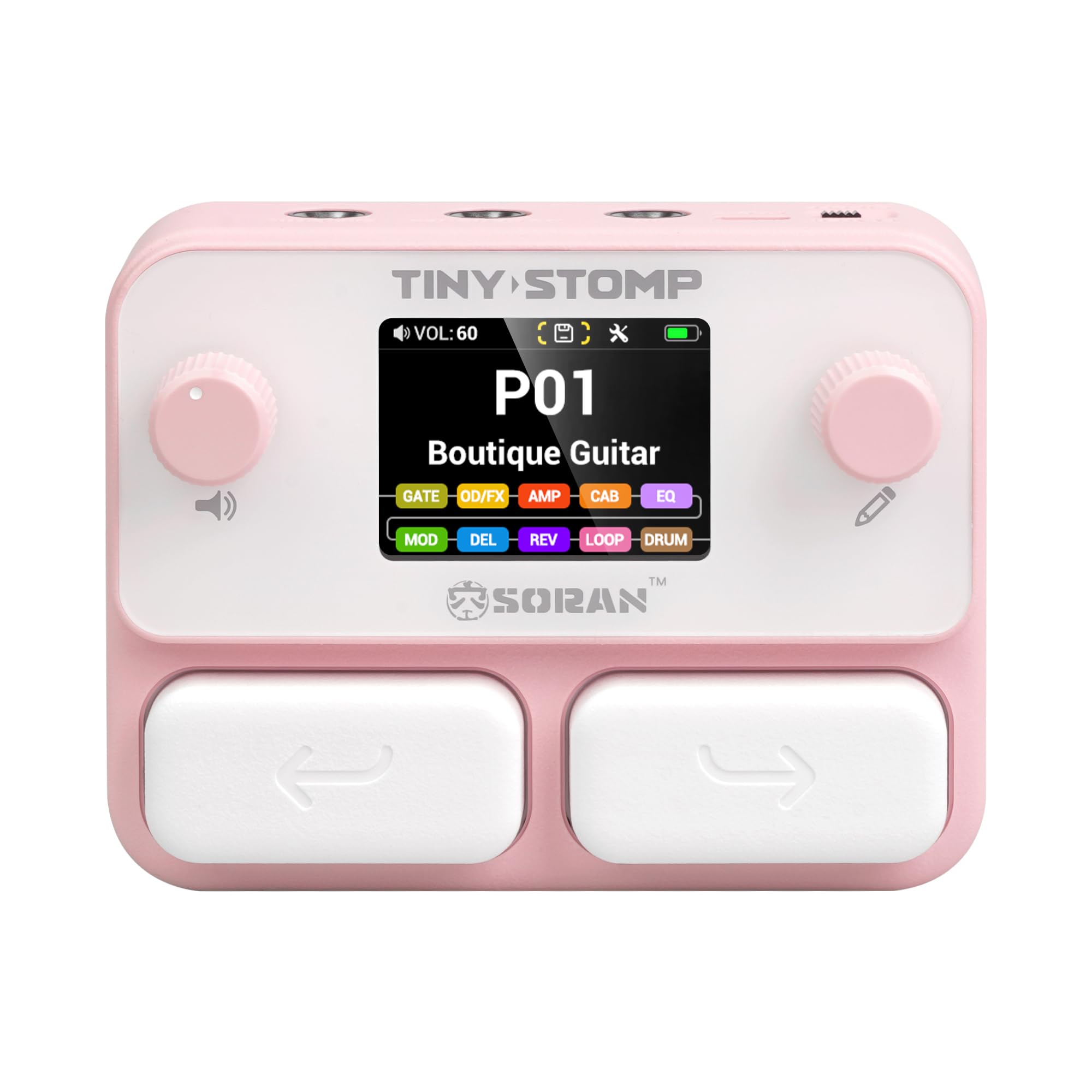 SORAN JME-03A Tiny Stomp Multi Effects Guitar Pedal, 125 Effects, 99 Presets, 10 Modules, 40s Looper, 100 Drum Rhythms, 20 IR/NAM Slots, USB Audio, Rechargeable Pocket Pedal for Guitar and Bass,Pink