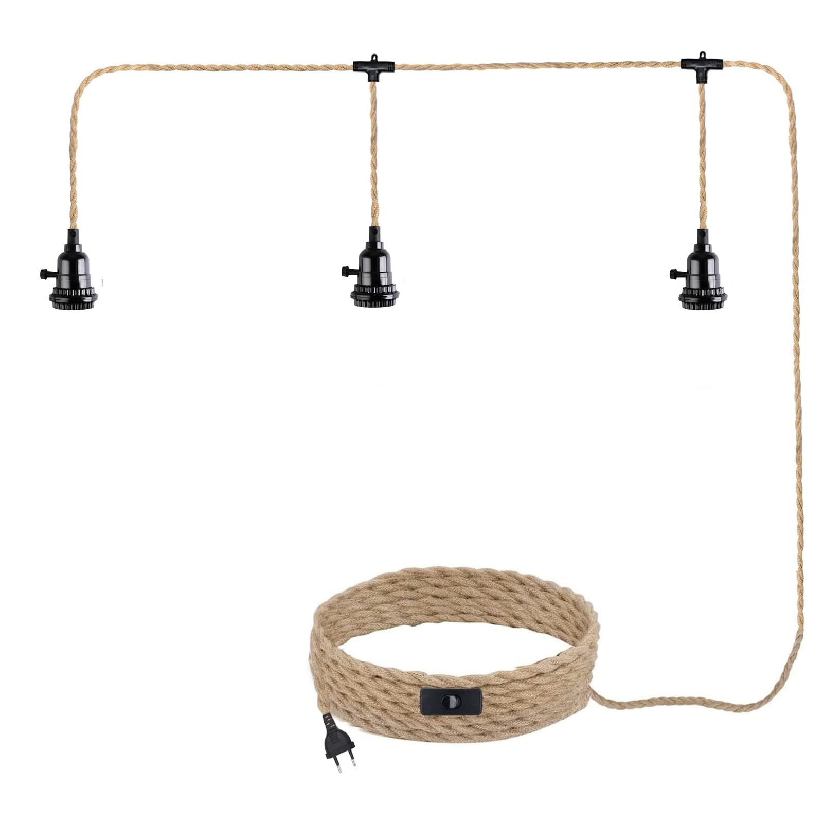 JZCDR Hanfseil Pendelleuchte mit Stecker 3-Flammig Vintage Hängelampe Lampenkabel mit Schalter Lampenfassung E27 mit Kabel 8,5M DIY Pendellampe Industrial für Esstisch Schlafzimmer, Ohne Glühbirne