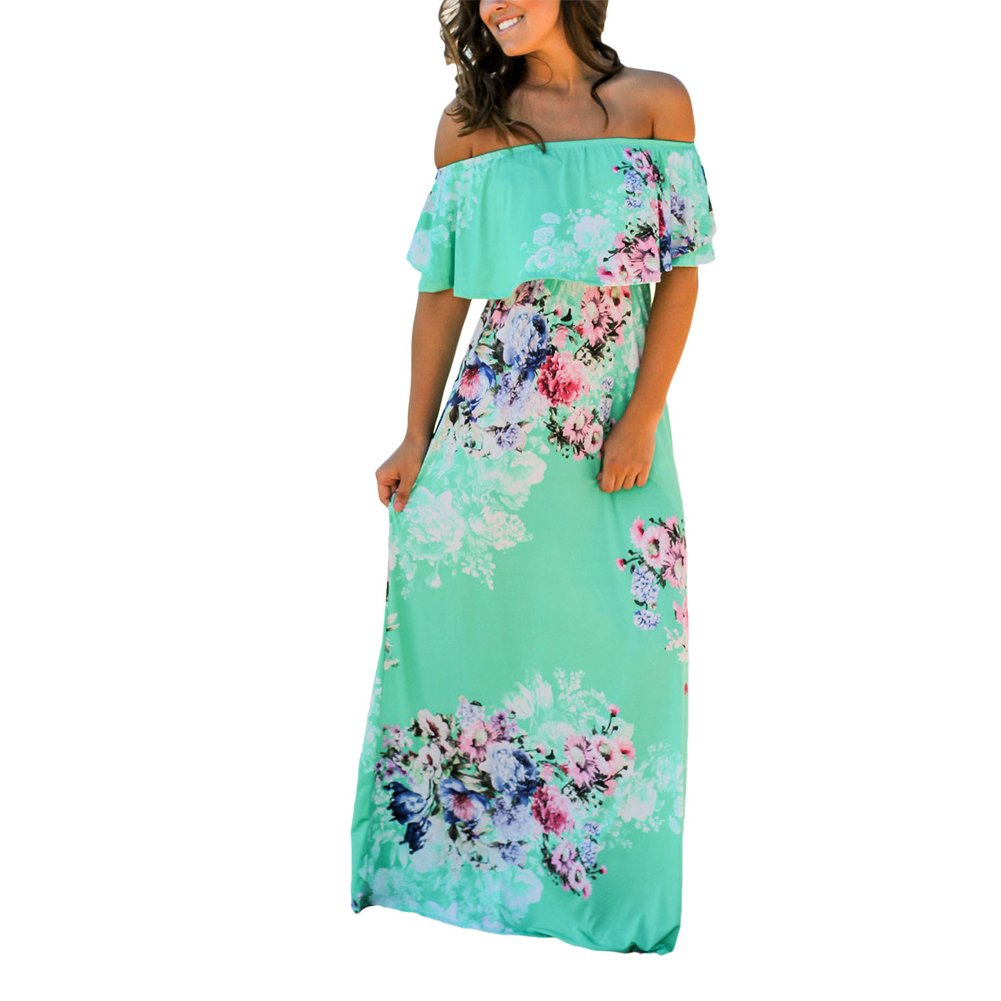 Women Long Maxi Dress Off Shoulder Ruffle Side Split Maxi Dresses Boho Long Swing A Line Plain Pleated Dress for Beach Cocktail Party Wedding Simple Style Strapless Sundress Kaftan Tunic Plus Size