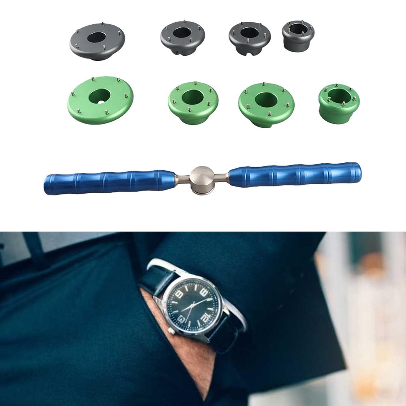Abrelatas profesional para la parte posterior de relojes, herramienta de reparación de relojes con 8 matrices intercambiables, mango antideslizante para el cambio de pilas,