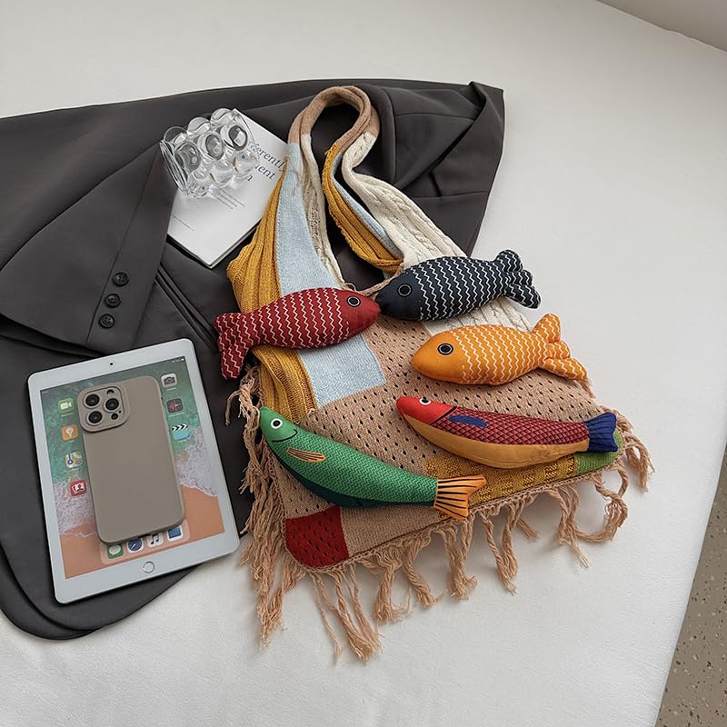 Knitted Summer Tote Handbag for Women Girls Shoulder Boho Bag Cute Tote Bag with Handmade Doll Fish for Summer Vacation2
