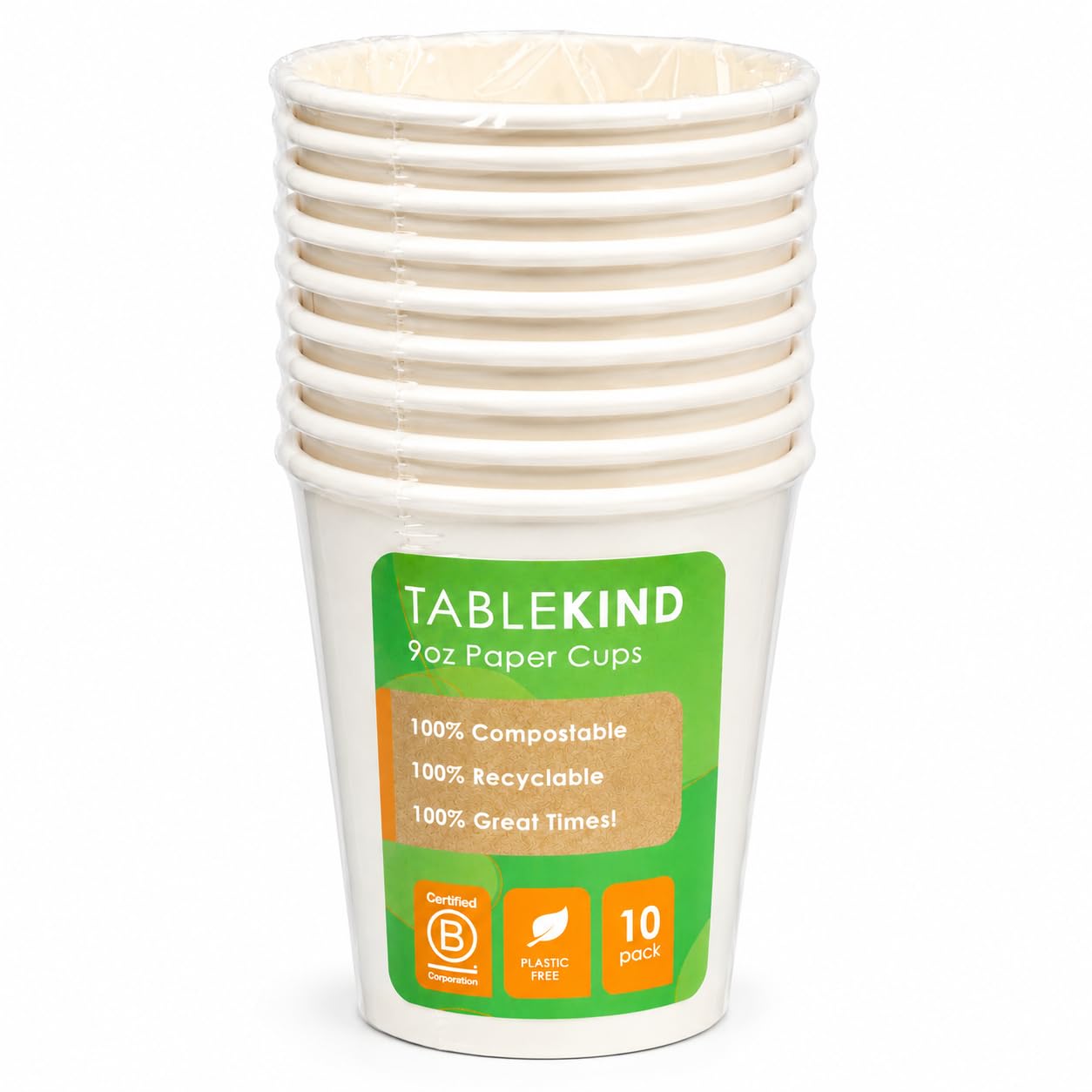 TABLEKIND 9oz Compostable Paper Cups, 10 Pack Disposable Recyclable Cups, FSC Certified Eco Friendly Party Cups for Coffee, Tea, Birthdays & Party Supplies