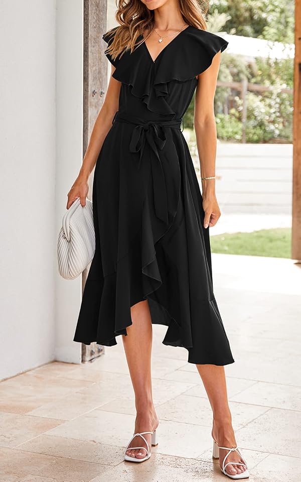PRETTYGARDEN Women Summer Bohemian Slit Ruffle Beach Dresses Casual Cross V Neck Tie Dress A-Line Swing Midi Sun Dress (Black,X-Large) by PRETTYGARDEN - Image 5