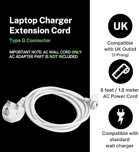 Miniatura 5 de Cable de extensión de adaptador de corriente del Reino Unido 1.8m/6ft para cargadores MacBook Apple, para viajes internacionales con un ordenador