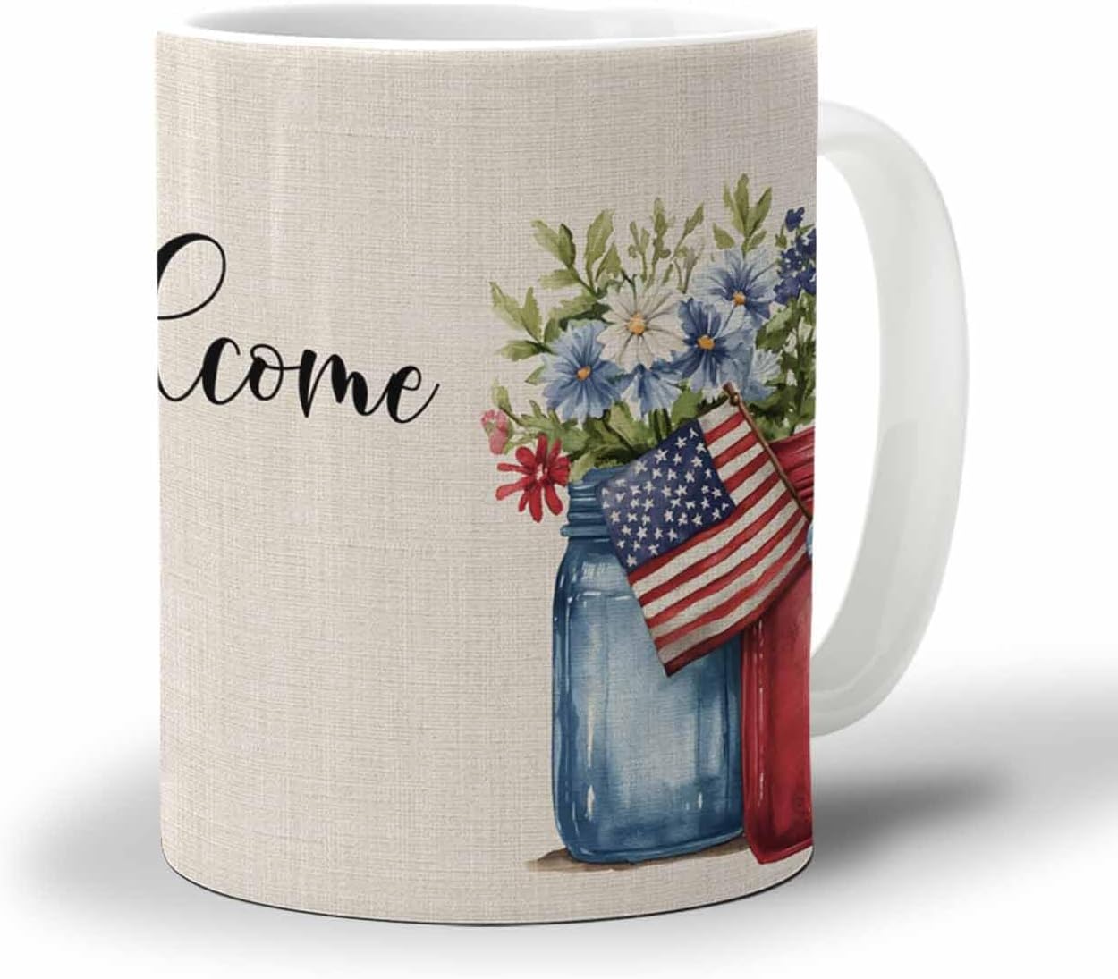 BEMIGO Ceramic Coffee Mug Farmhouse Floral Ceramic Mug White Cup, 4th of July Insulated Coffee Cup with Handle with Pattern Perfect for Tea and Hot Beverages, 12oz