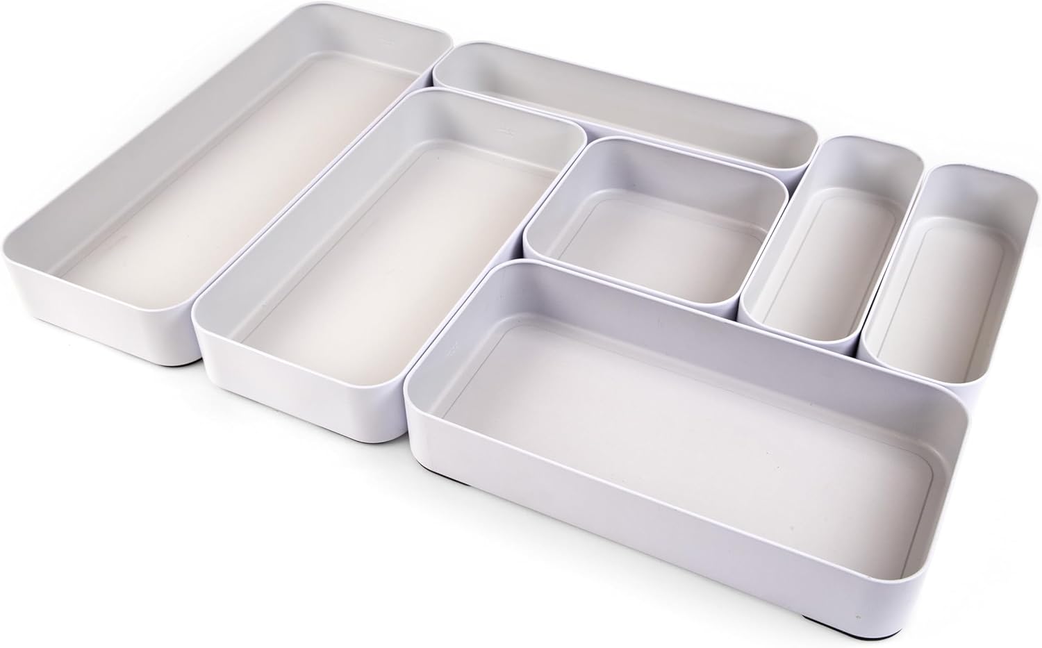 Three by Three Seattle Metal Stacking Drawer Organizers – 7-Piece Utensil Set, 2″ Deep – Customizable & Food-Safe Kitchen Drawer Storage (French Gray)