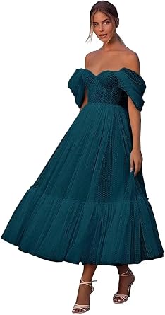 Off The Shoulder Tea Length Tulle Prom Dresses for Women, A Line Pleated Formal Evening Cocktail Party Ball Gown Teal