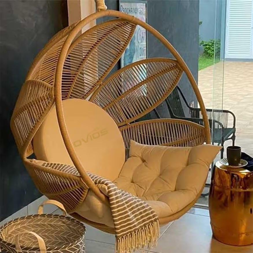 Image of Rattan Wicker Wrought Iron One Seater Swing Chair with Powder Coated Stand & Cushion & Hook | Double Hammock Swing for Adults & Kids | Modern Swing Jhula (Beige)