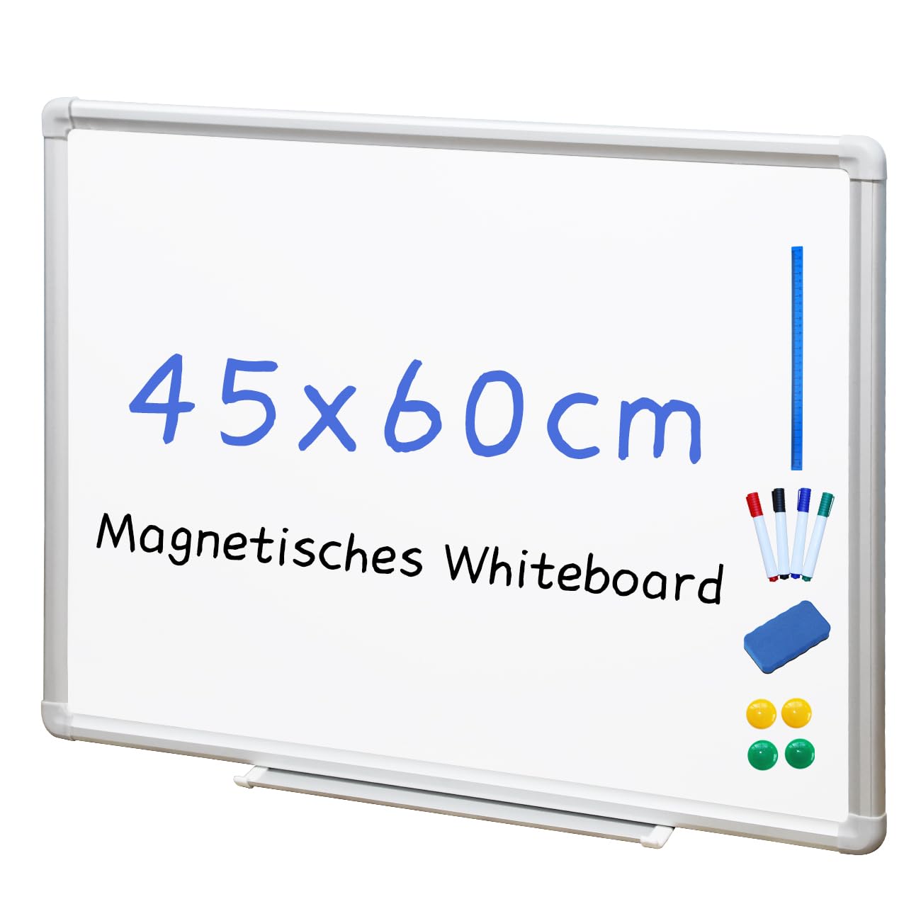 DEVELOP Magnetisches Whiteboard 45x60 cm mit Aluminiumrahmen, Starke, langlebige Tafel für Wandmontage, Inkl.4 Magnete, Boardmarker, Schwamm, magnetisches Lineal Für Büro, Schule & Zuhause