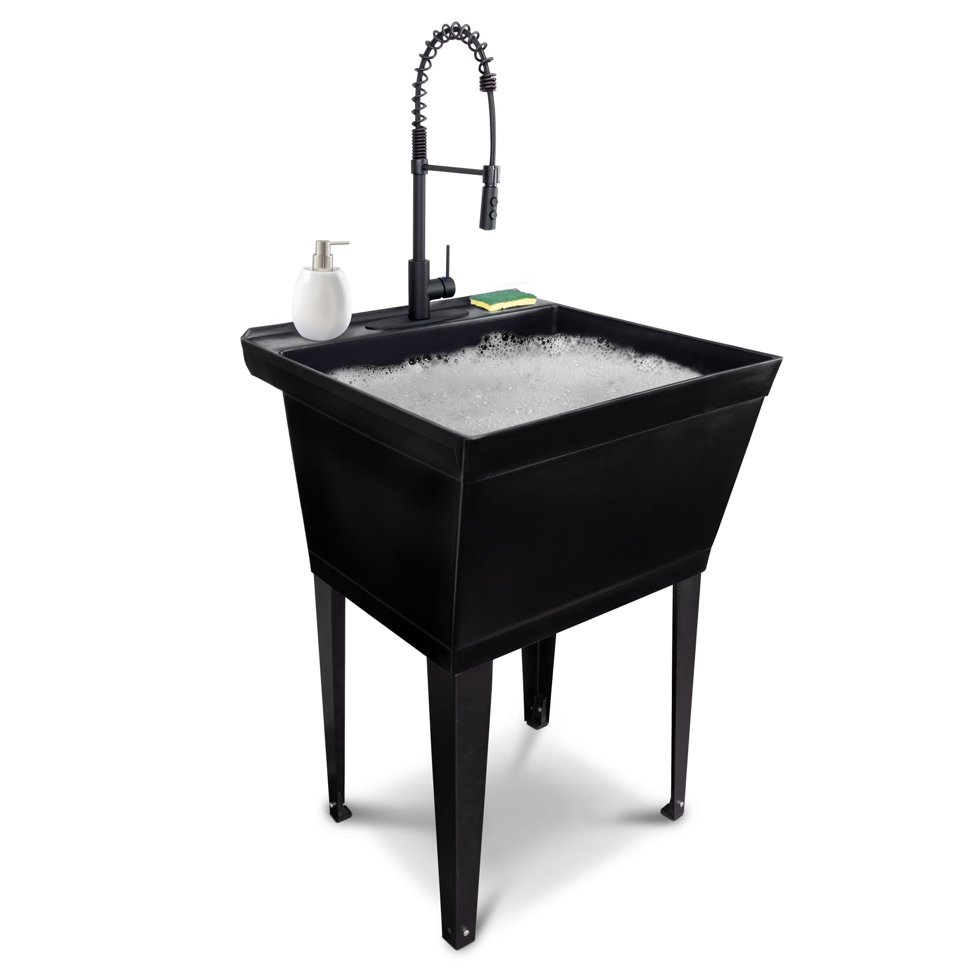 Utility Sink Extra-Deep Laundry Tub in Black with High-Arc Coil Pull-Down Sprayer Faucet in Matte Black, Integrated Supply Lines, P-Trap Kit, Heavy Duty Floor Mounted Freestanding Wash Station