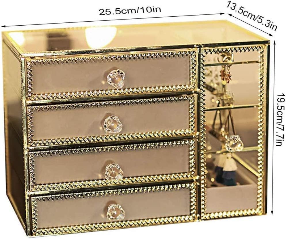 Glass Jewelry Box, Mirrored, Vintage Design, Metal Rim, Jewelry Organizer for Necklaces, Earrings, Rings, Jewelry Stand - Organizer for Dresser