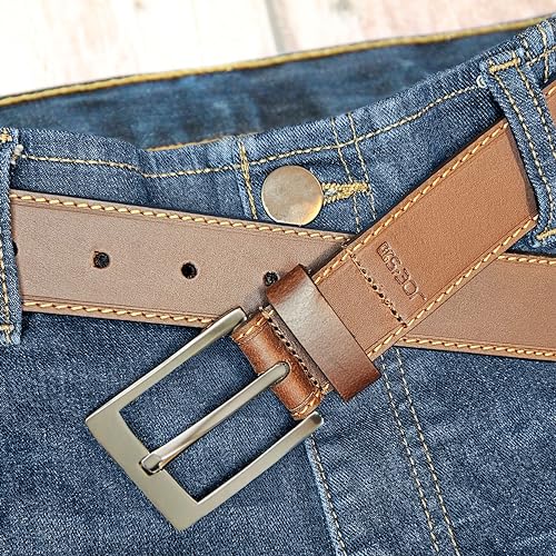 Joe's Jean Men's 35MM Casual Belt Stitched with Edge Crease - Hand Made, 100% Full Grain Leather - Tan, 38
