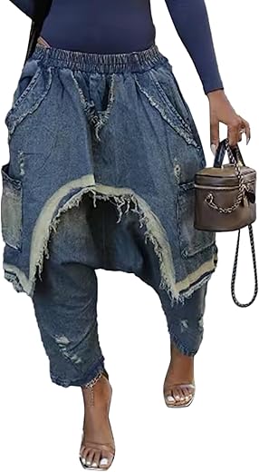 Unybwonn Womens Harem Jeans Baggy Cargo Hippie Patchwork Denim Pants Casual Elastic...