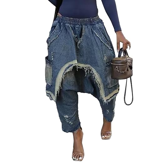 Unybwonn Womens Harem Jeans Baggy Cargo Hippie Patchwork Denim Pants Casual Elastic Waist Wide Leg Jogger Trousers