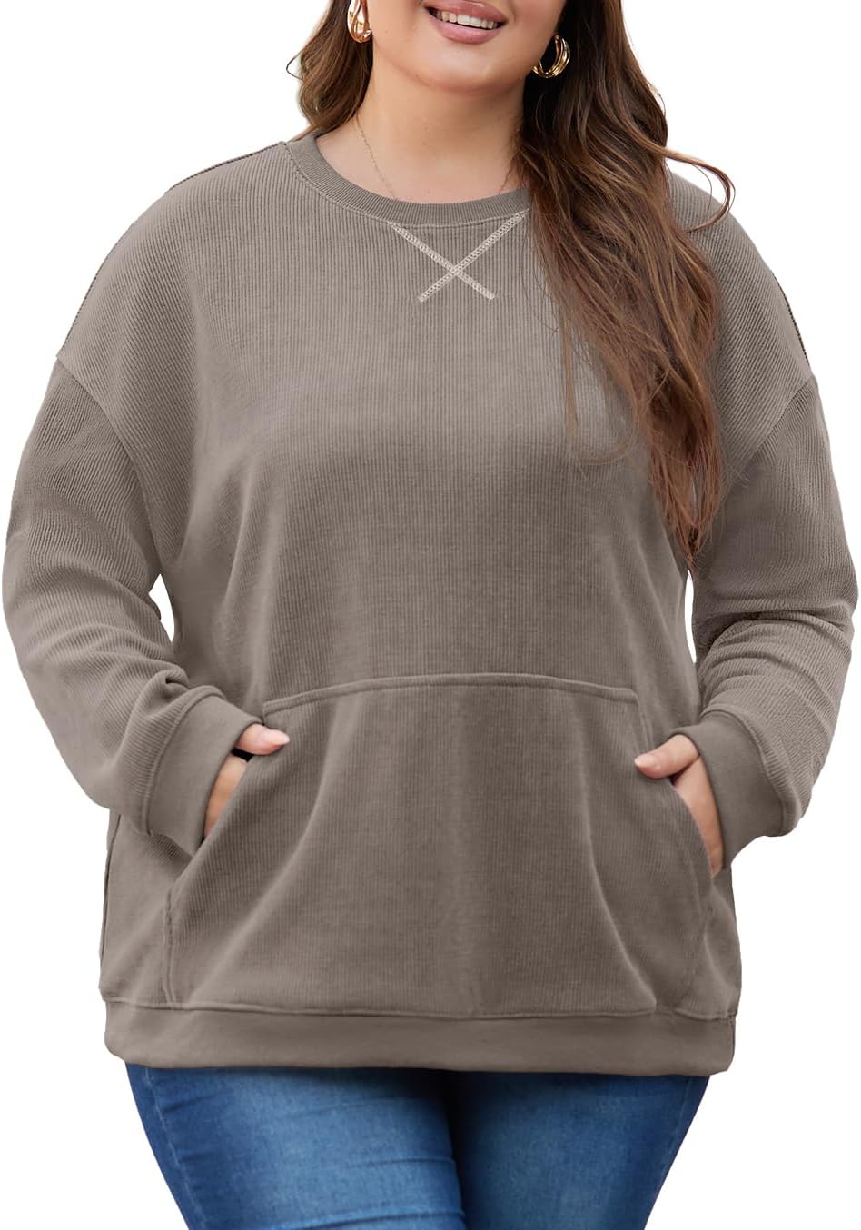 OLRIK Women Plus Size Sweatshirt Oversized Corduroy Crewneck Pullover Sweater with Kangaroo Pocket Fall Fashion