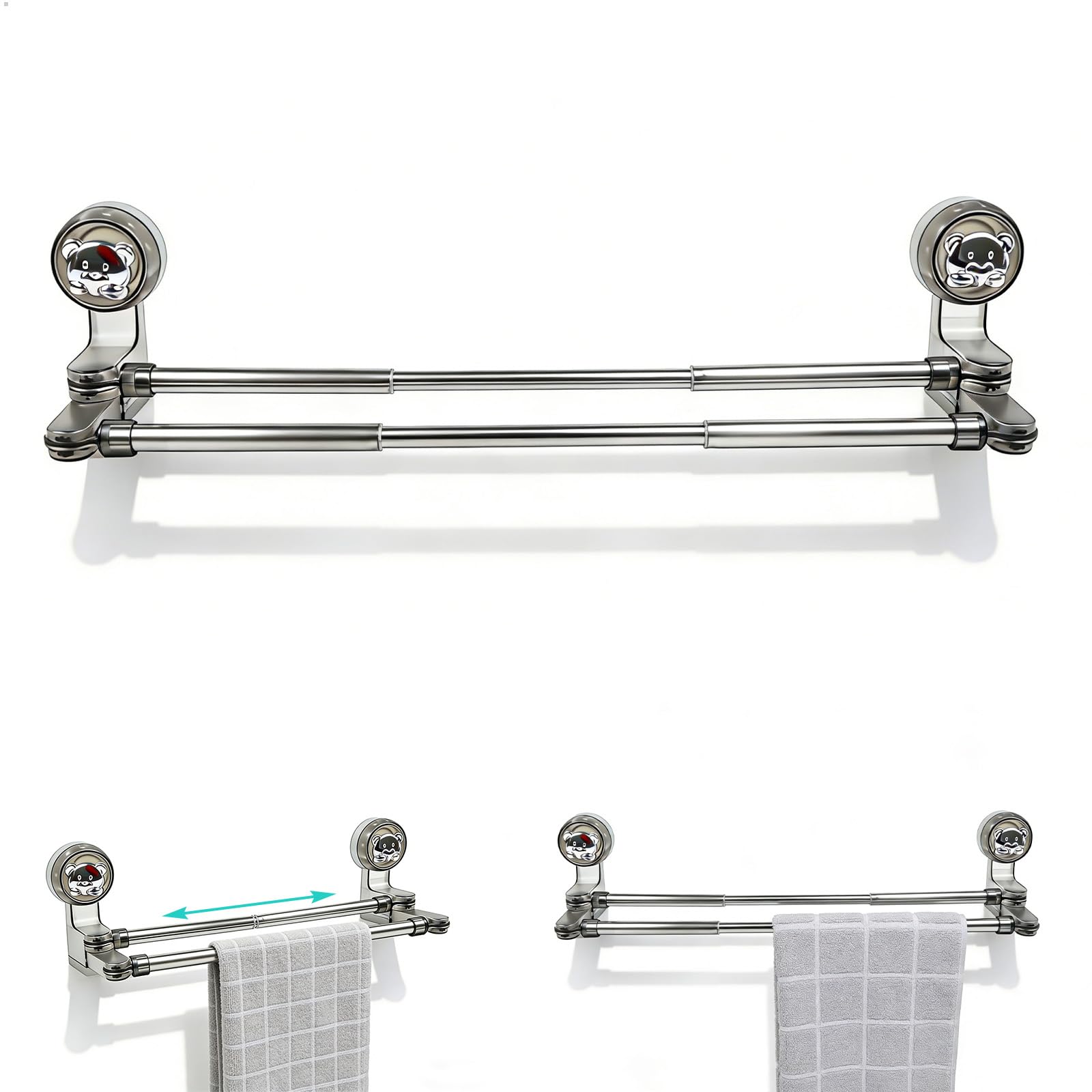 Toallero de Pared Extensible 30-60cm, Toalleros de Baño Sin Taladro Regulable 180°de Acero Inoxidable, Toallero Ventosa de para Baños y Cocinas, para Zapatillas de Baño, Zapatillas(Negro)