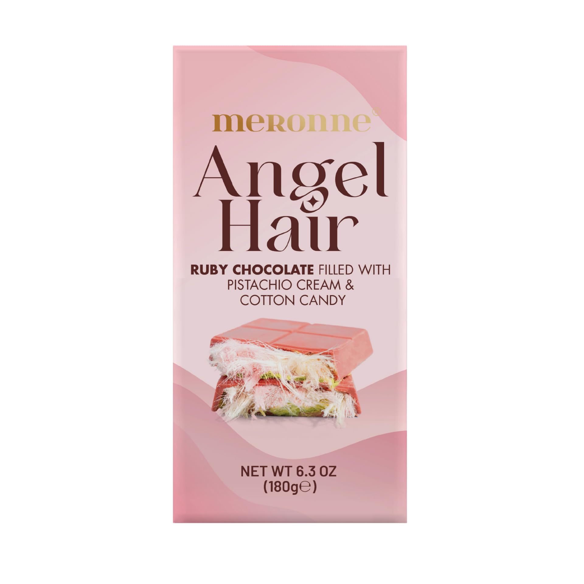 Meronne Angel Hair Chocolate Bar – Ruby Chocolate with Cotton Candy & Pistachio Cream | 6.35 oz