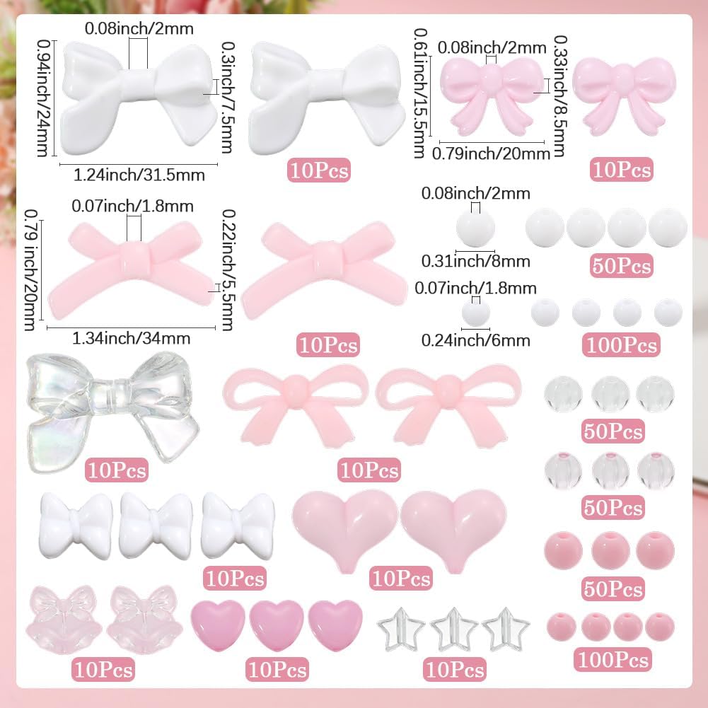 SUNNYCLUE 500Pcs 16 Styles Pink Bead Kits Bowknot Beads Acrylic Bow Charms Love Sweet Romantic Kawaii Heart Star Flower Round Spacers for Jewelry Making DIY Earrings Bracelet Necklace Crafts Supplies
