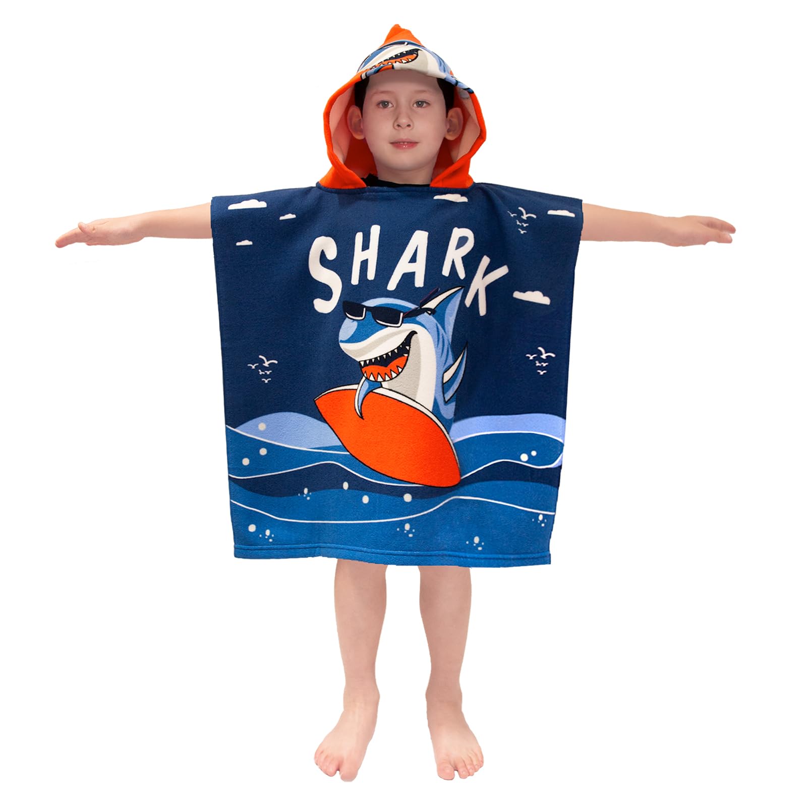growell Hooded Kids Beach Towels - Toddler Bath Towel Girls Boys Swim Cover-ups for Ages 1 to 6 Kids Pool Towels Quick Dry Lightweight Soft Microfiber Poncho Towel 24x23 (Shark Surfing)