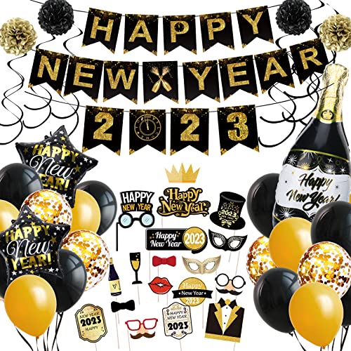 Silvester Deko 2023, Happy New Year Deko Set, Neujahr Deko 2023 Schwarz Gold Ballon mit Silvester Banner Foto Requisiten Girlande Papier Pompons für Silvester Party Deko Cover